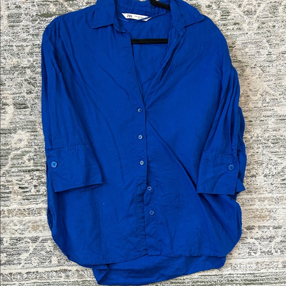 Zara Linen Royal Blue Casual Shirt